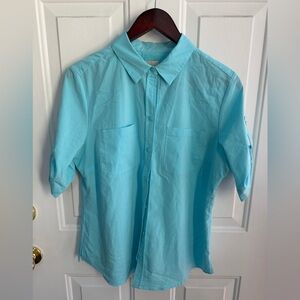 CHICÓS Women’s Blouse SIZE 1 (M) Aqua Blue ButtonUp Modal Blend Roll Tab Sleeves